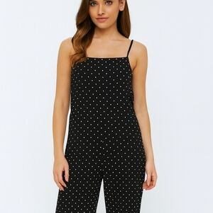 Old Navy Womens M Black White Polka Dot Jumpsuit Spaghetti Straps Front Pockets